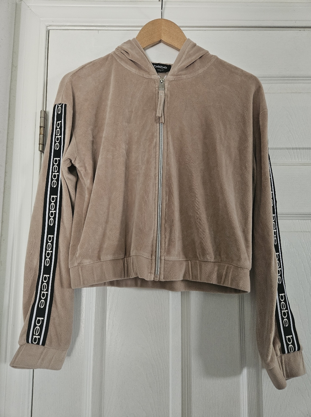 bebe Taupe Hooded Velour Zip Jacket with Logo Sleeve Tape Small